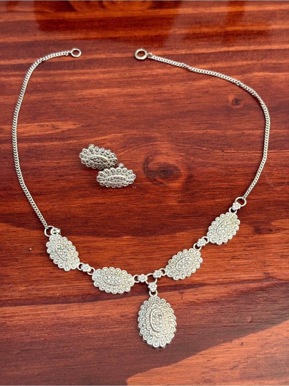 Silver-Tone Crystal Floral Pendant Necklace and Earrings Set
